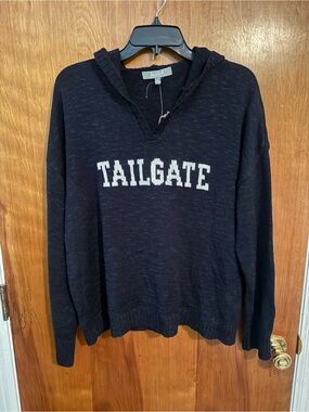 Marled Black V-Neck Hooded Sweater with White Chest Logo